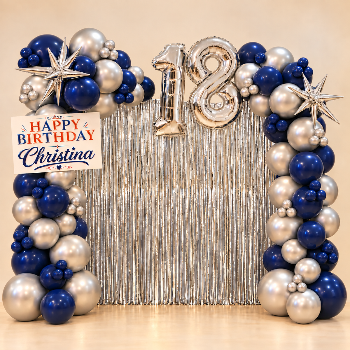 Midnight Sparkle navy and silver curtain balloon backdrop for a birthday, DCCL Events Singapore