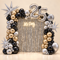 Champagne After Dark black and gold curtain balloon backdrop for a milestone birthday, DCCL Events Singapore