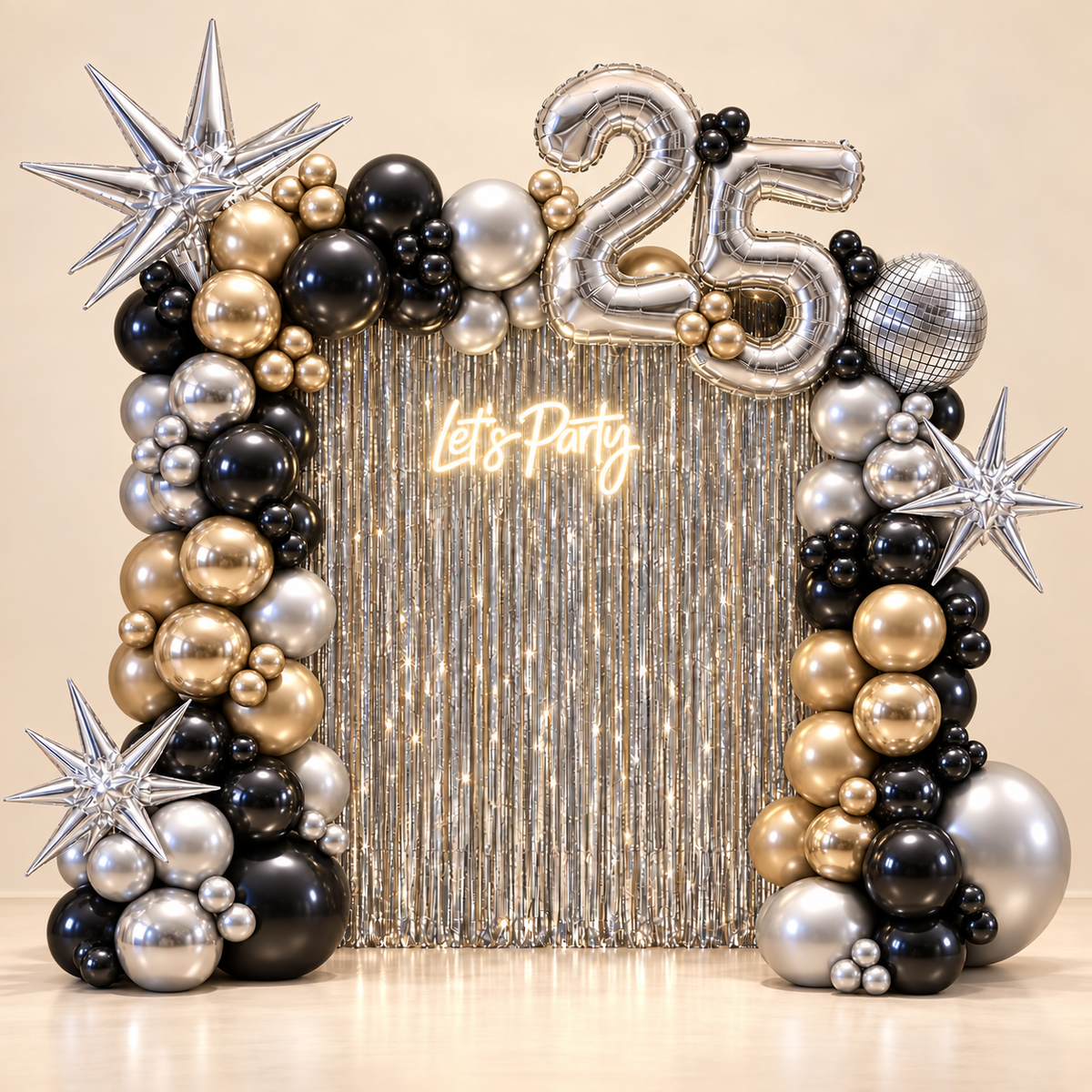 Champagne After Dark black and gold curtain balloon backdrop for a milestone birthday, DCCL Events Singapore