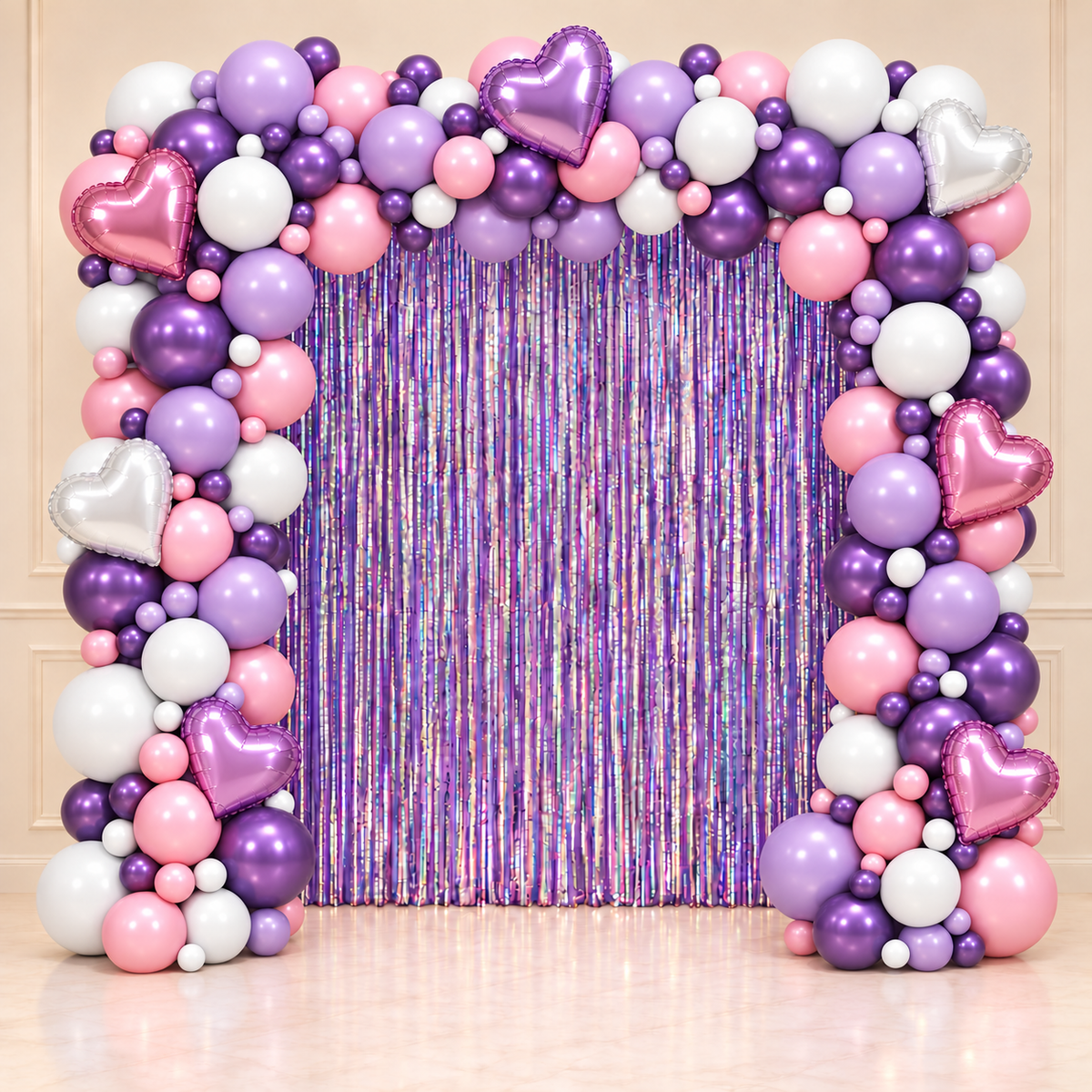 Heart Eyes Only pink and purple curtain balloon backdrop for a birthday, DCCL Events Singapore