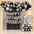 Midnight Luxe black and silver curtain balloon backdrop for a milestone birthday, DCCL Events Singapore