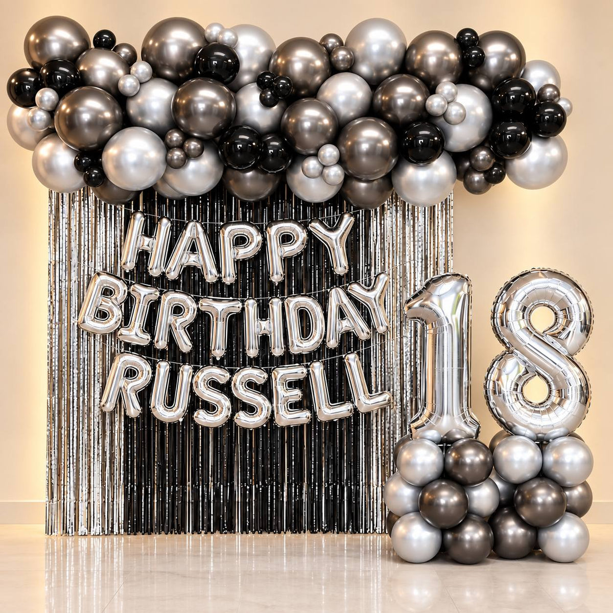 Midnight Luxe black and silver curtain balloon backdrop for a milestone birthday, DCCL Events Singapore