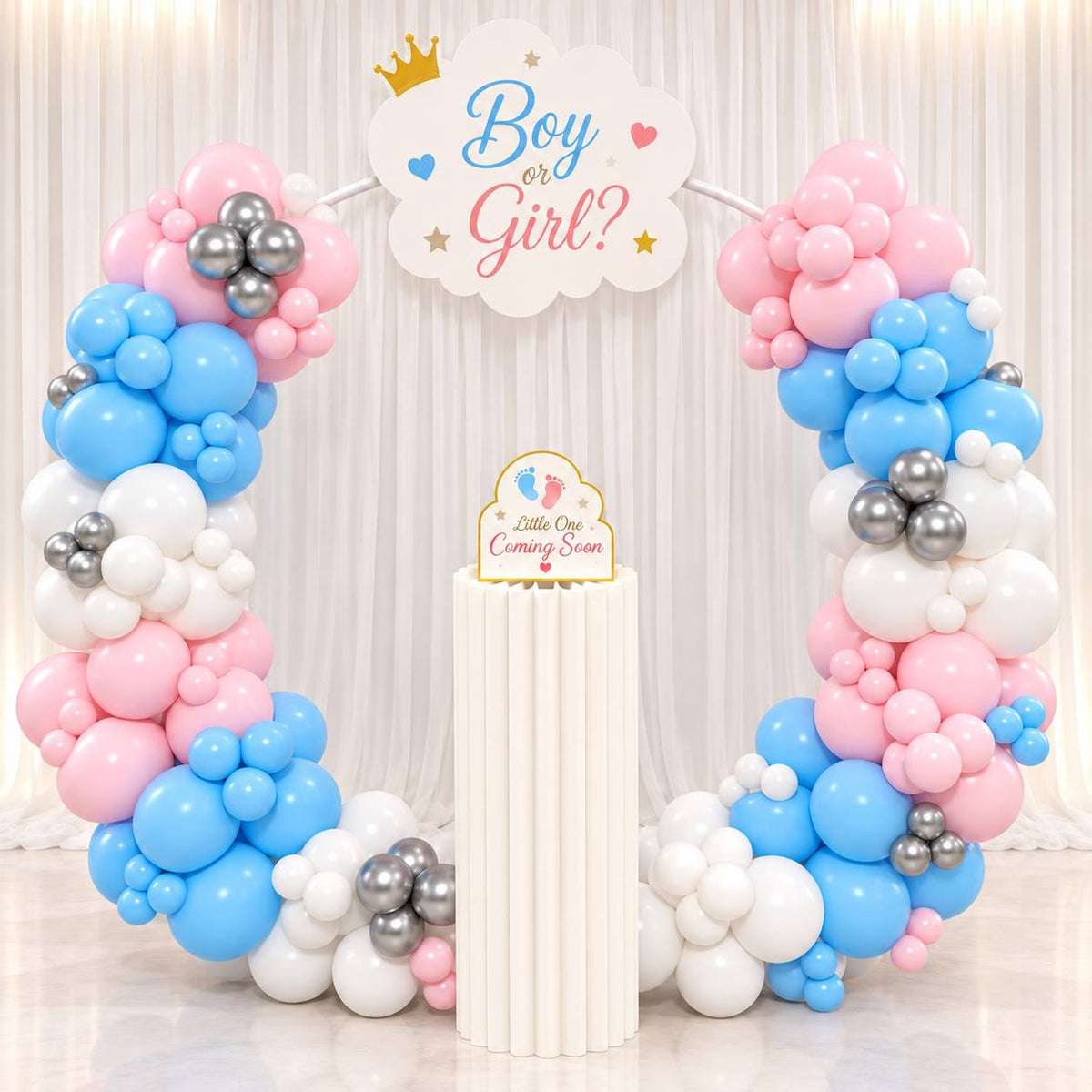 Sweet Surprise pink and blue ring balloon backdrop for a gender reveal, DCCL Events Singapore