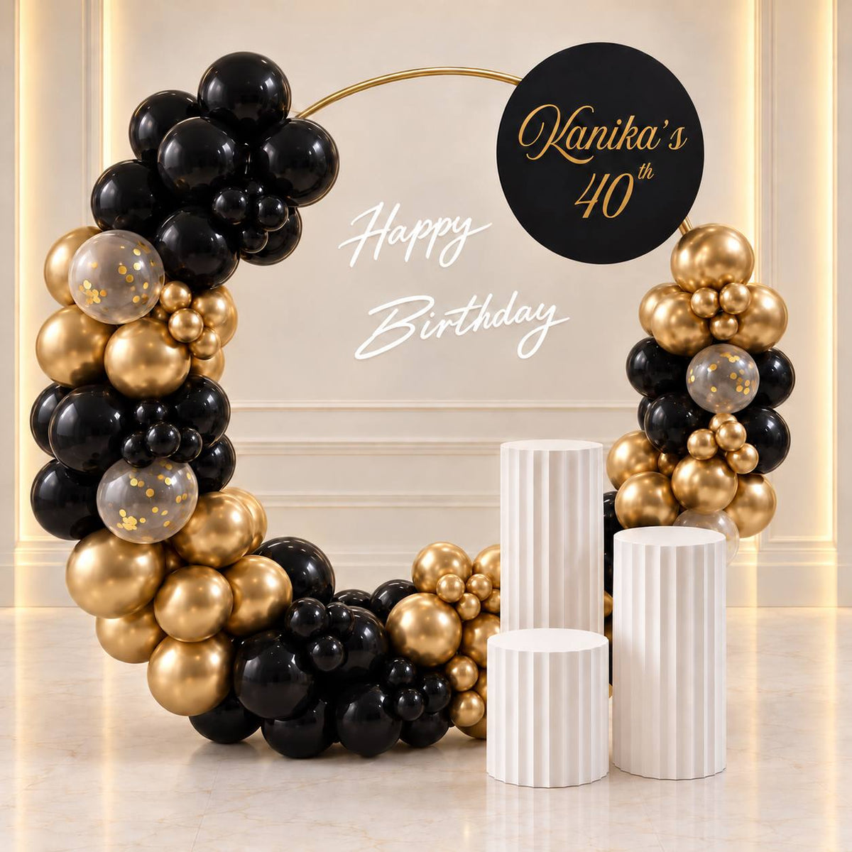 Golden Hour black and gold ring balloon backdrop for a milestone birthday, DCCL Events Singapore