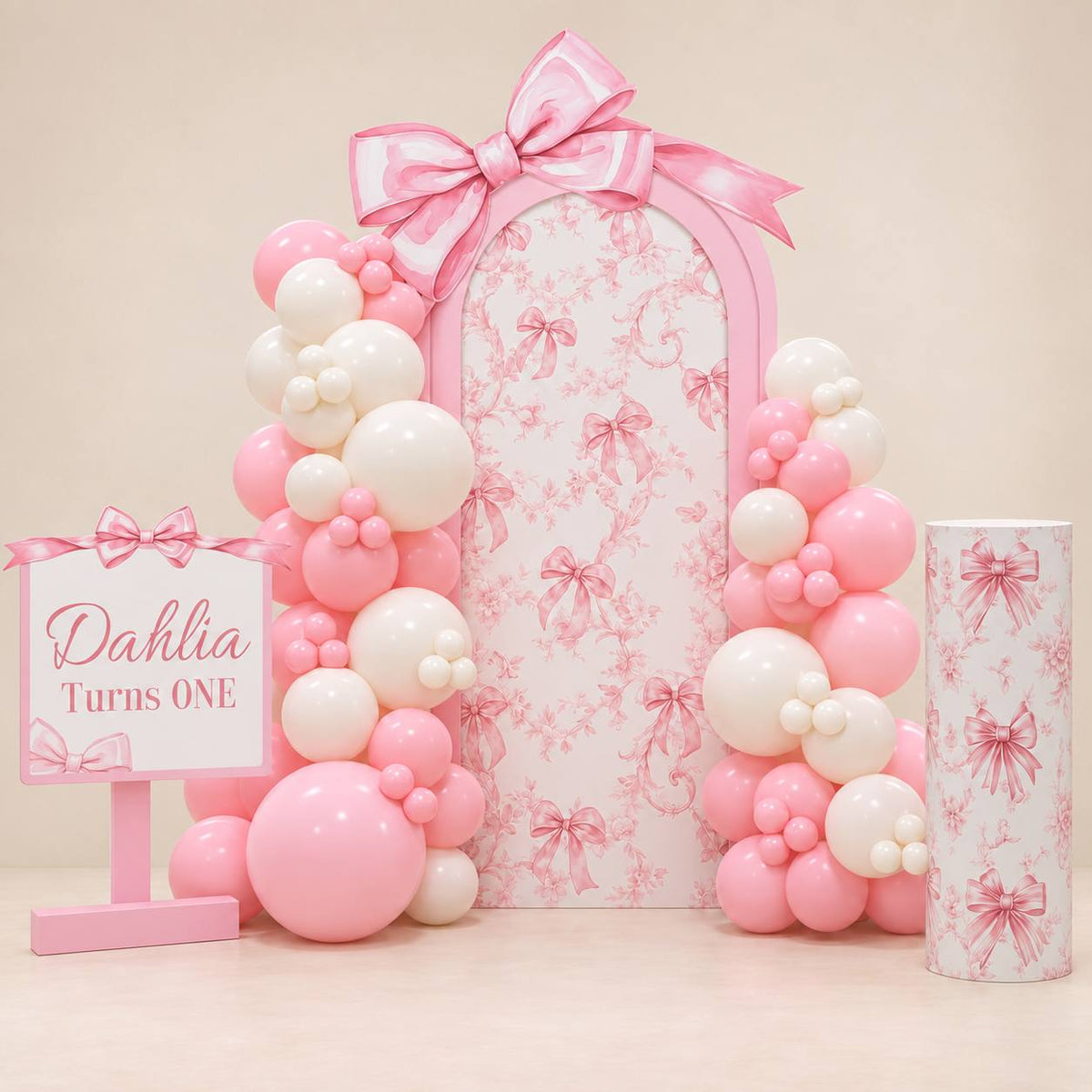 Ribbon Wishes pink bow balloon backdrop for a birthday, DCCL Events Singapore