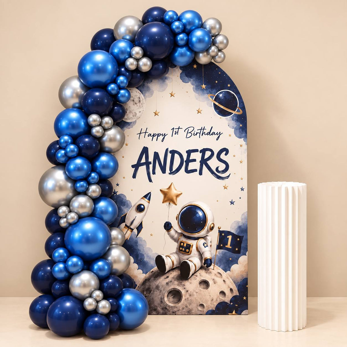 Cosmic One astronaut space balloon backdrop for a first birthday, DCCL Events Singapore