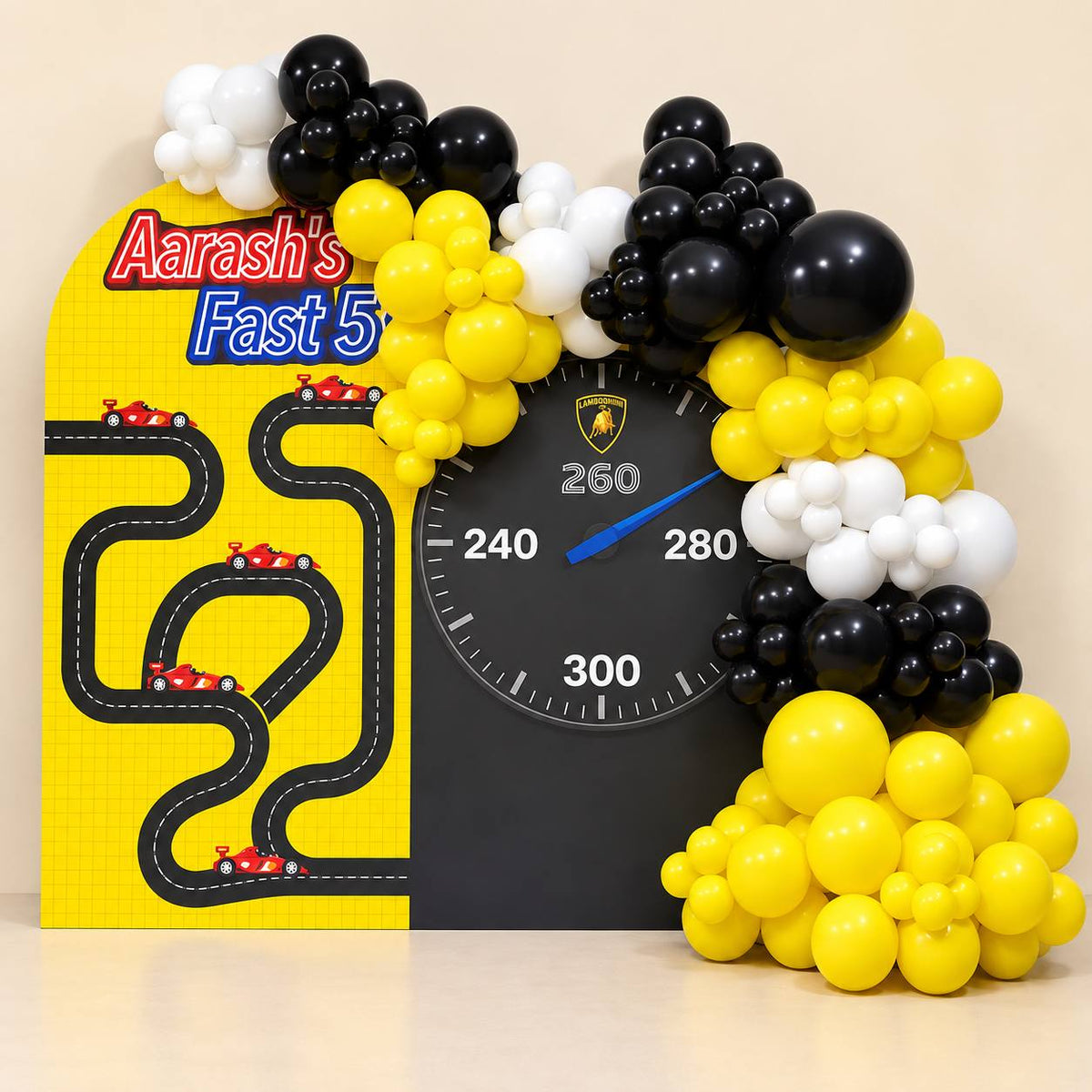 Mini Grand Prix racing balloon backdrop for a birthday, DCCL Events Singapore