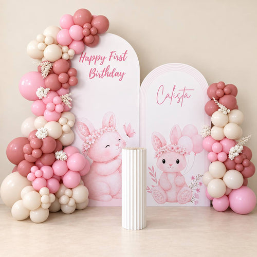 Bunny Belle watercolour bunny balloon backdrop for a birthday, DCCL Events Singapore