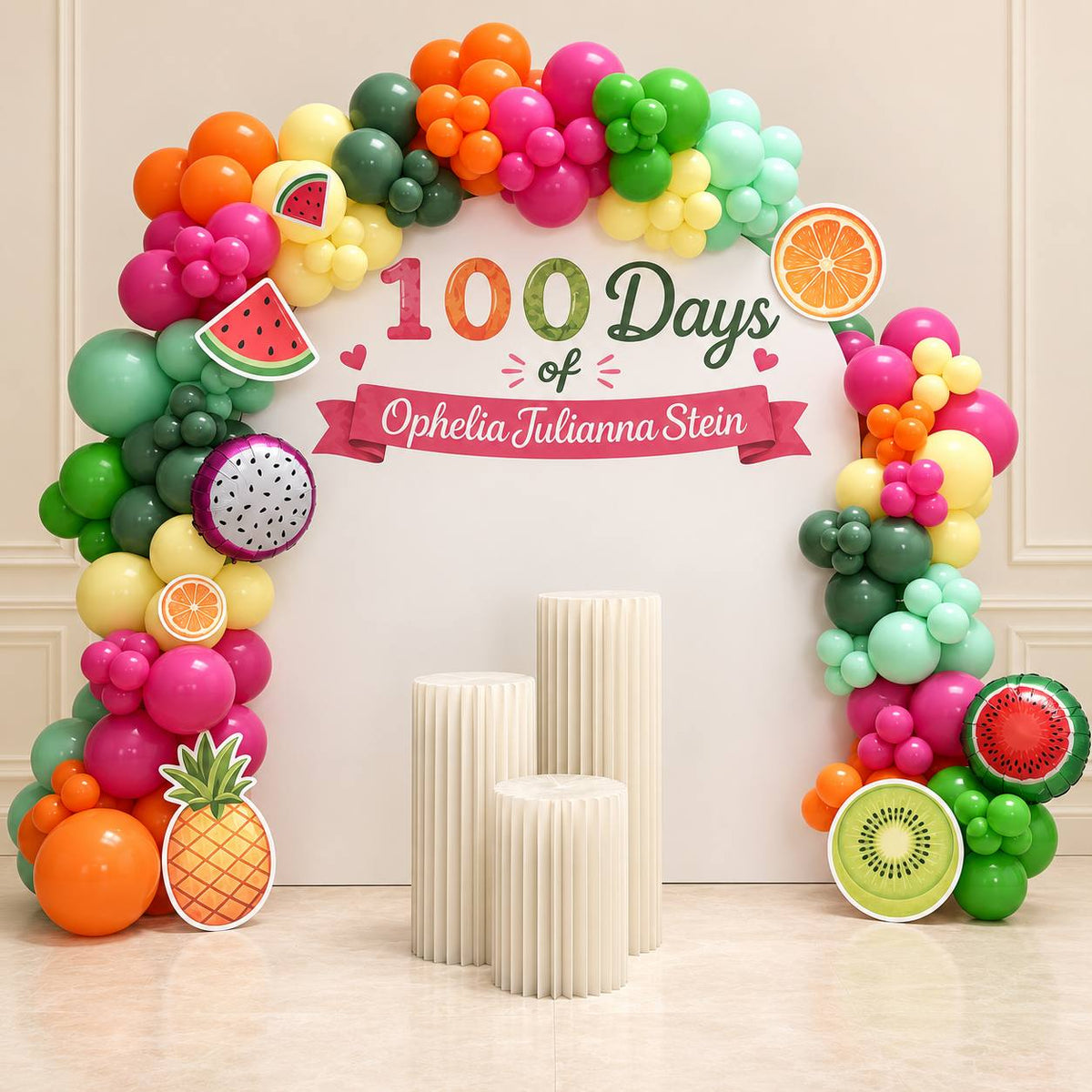 Fruit Fiesta tropical fruit balloon backdrop for a birthday, DCCL Events Singapore