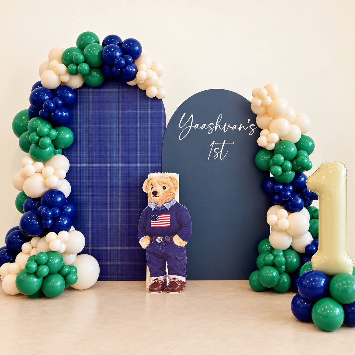 Bearington preppy teddy bear balloon backdrop for a first birthday, DCCL Events Singapore