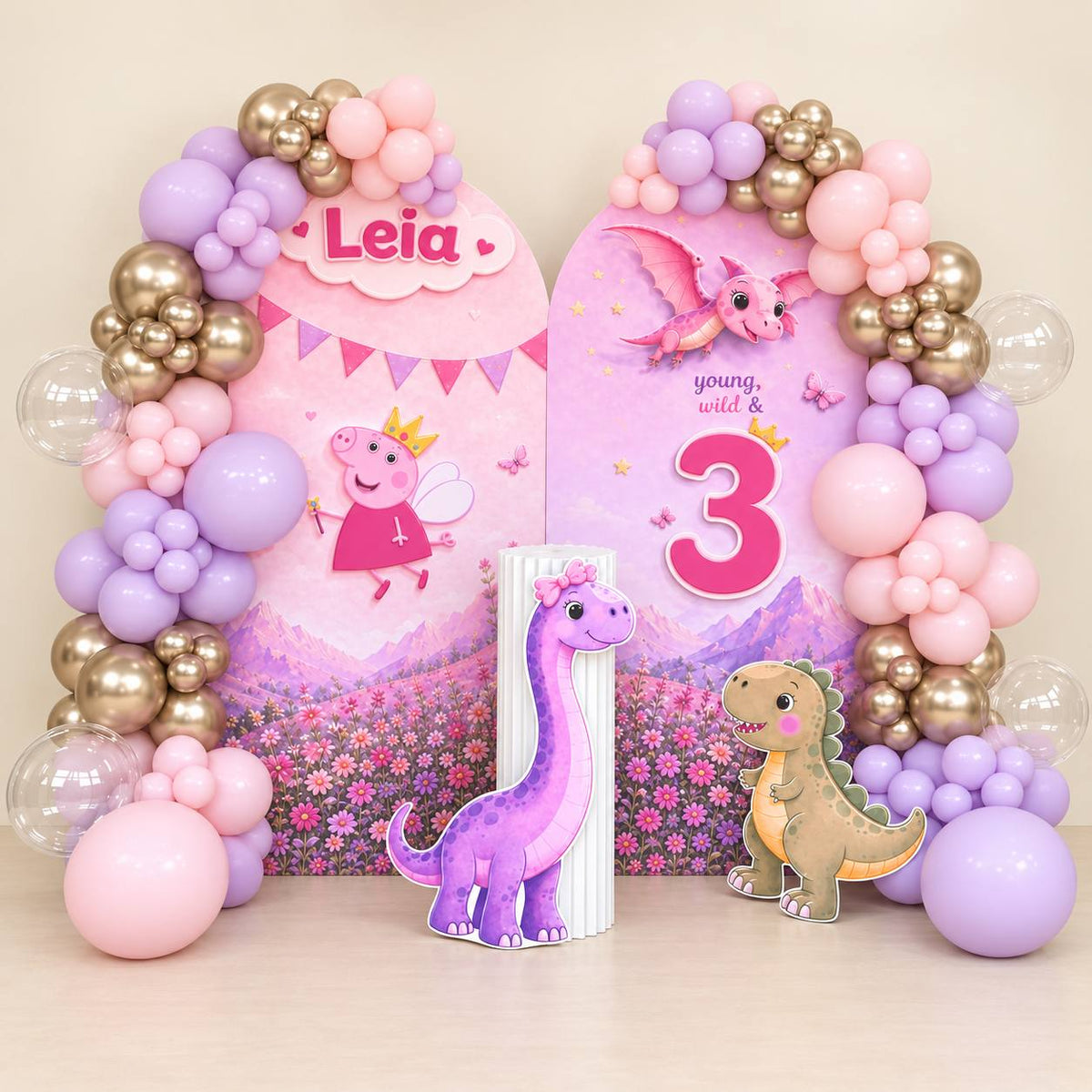 Roars & Fairy Dust pink dinosaur balloon backdrop for a birthday, DCCL Events Singapore