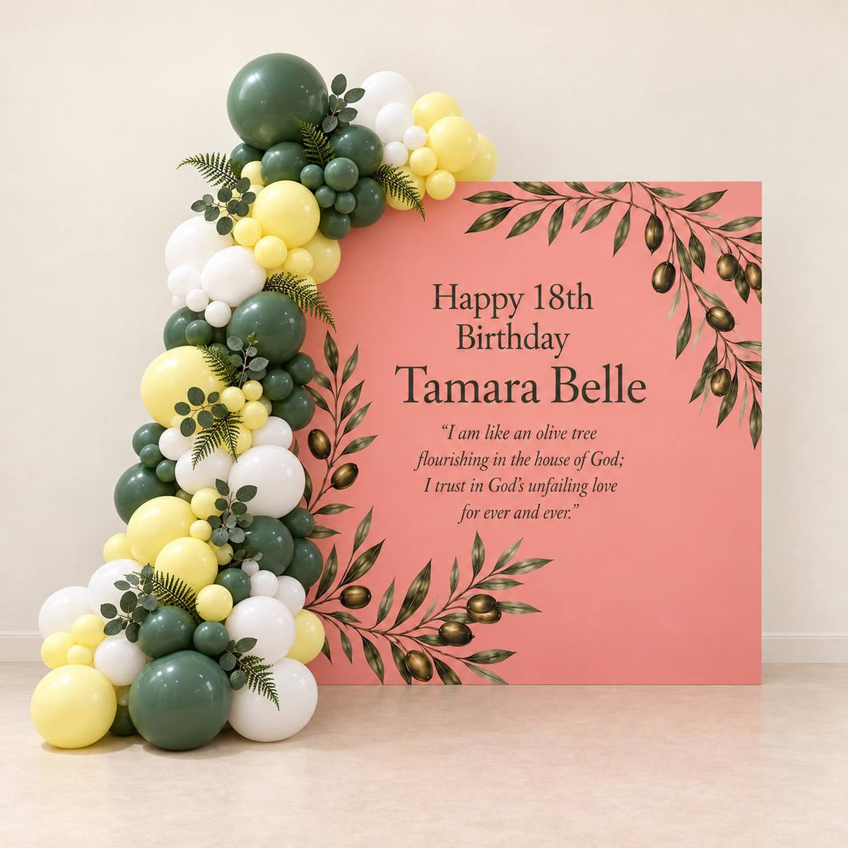 Garden of Grace olive and coral balloon backdrop for a baby shower, DCCL Events Singapore