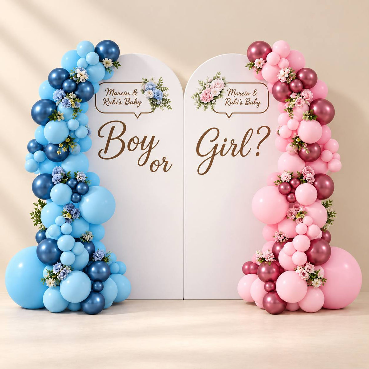 Reveal in Bloom floral balloon backdrop for a gender reveal, DCCL Events Singapore
