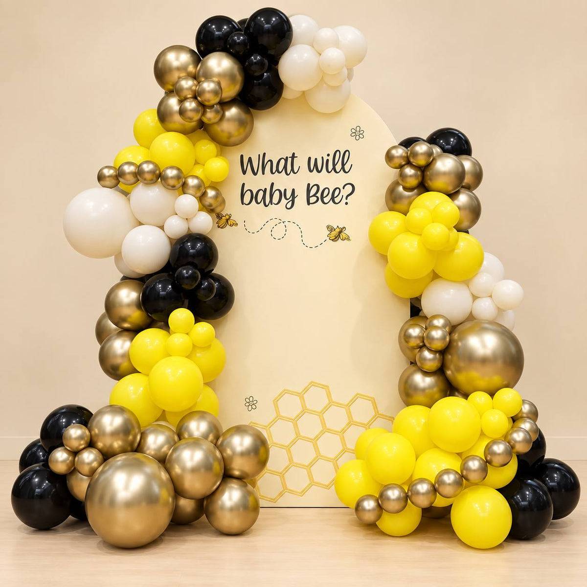 Honey, Take a Guess bee theme balloon backdrop for a gender reveal, DCCL Events Singapore