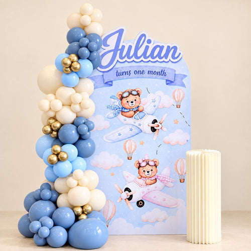 Adventure Above teddy aviator sky balloon backdrop for a first birthday, DCCL Events Singapore