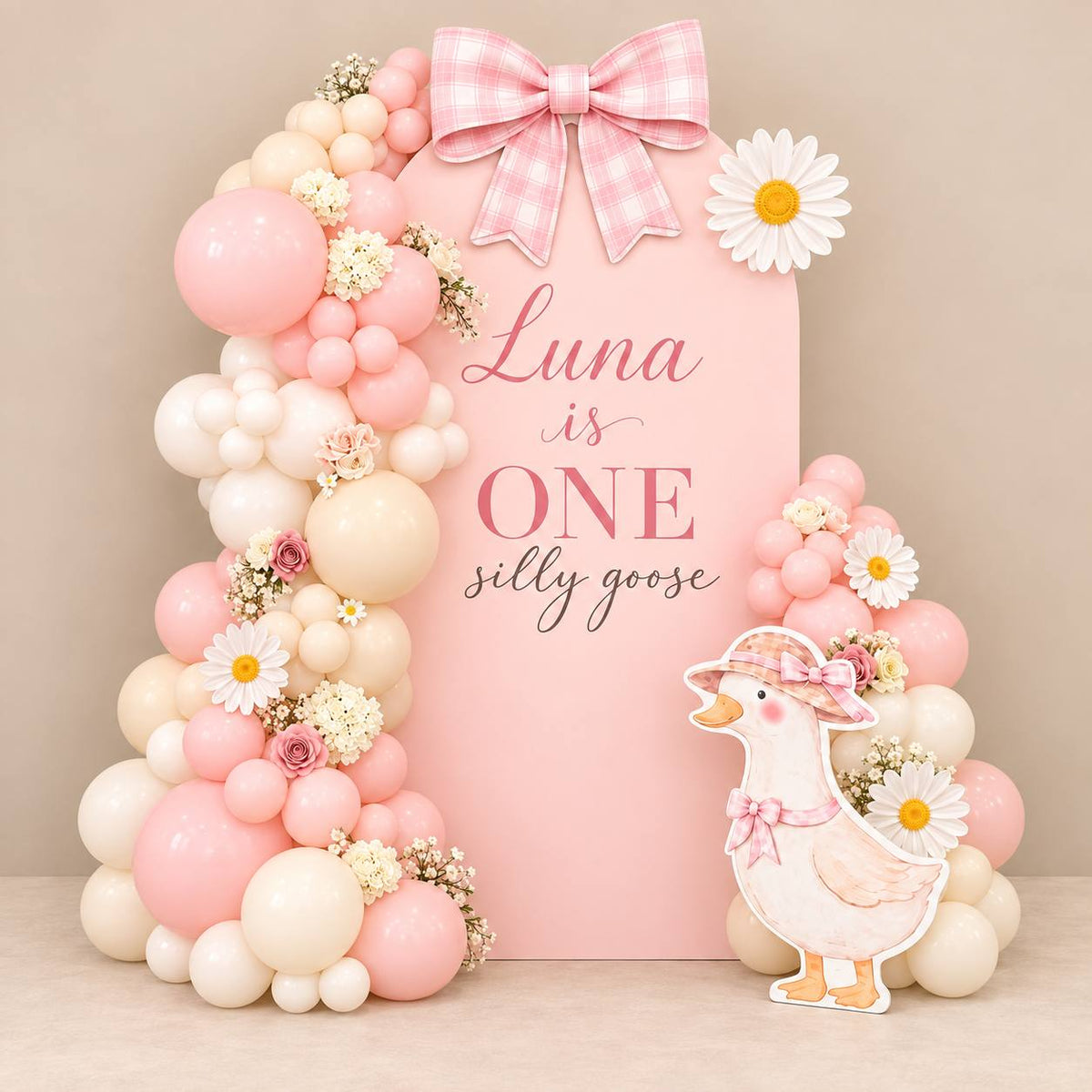 Silly Goose garden goose balloon backdrop for a first birthday, DCCL Events Singapore