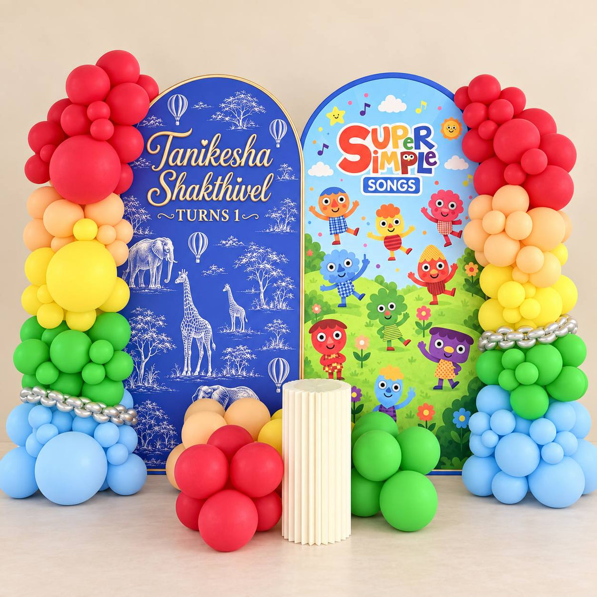 Super Simple Songs character balloon backdrop for a first birthday, DCCL Events Singapore