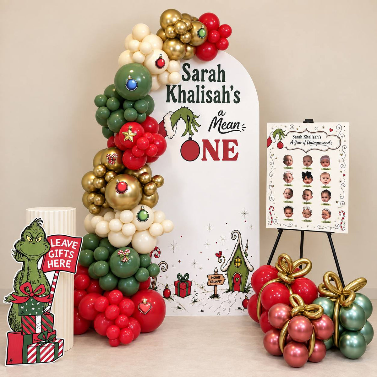 A Mean ONE Grinch Christmas balloon backdrop for a first birthday, DCCL Events Singapore