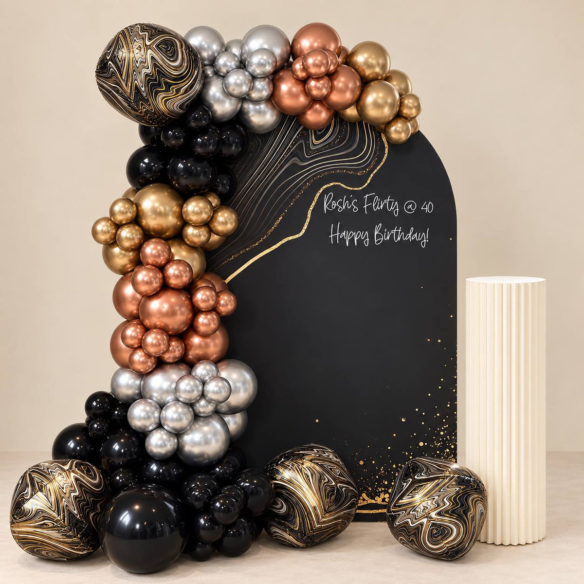 Velvet Noir black and gold balloon backdrop for a milestone birthday, DCCL Events Singapore