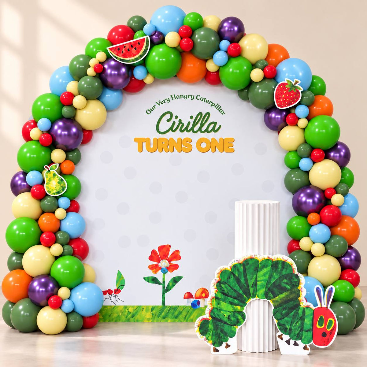 Hungry Little One caterpillar garden balloon backdrop for a first birthday, DCCL Events Singapore