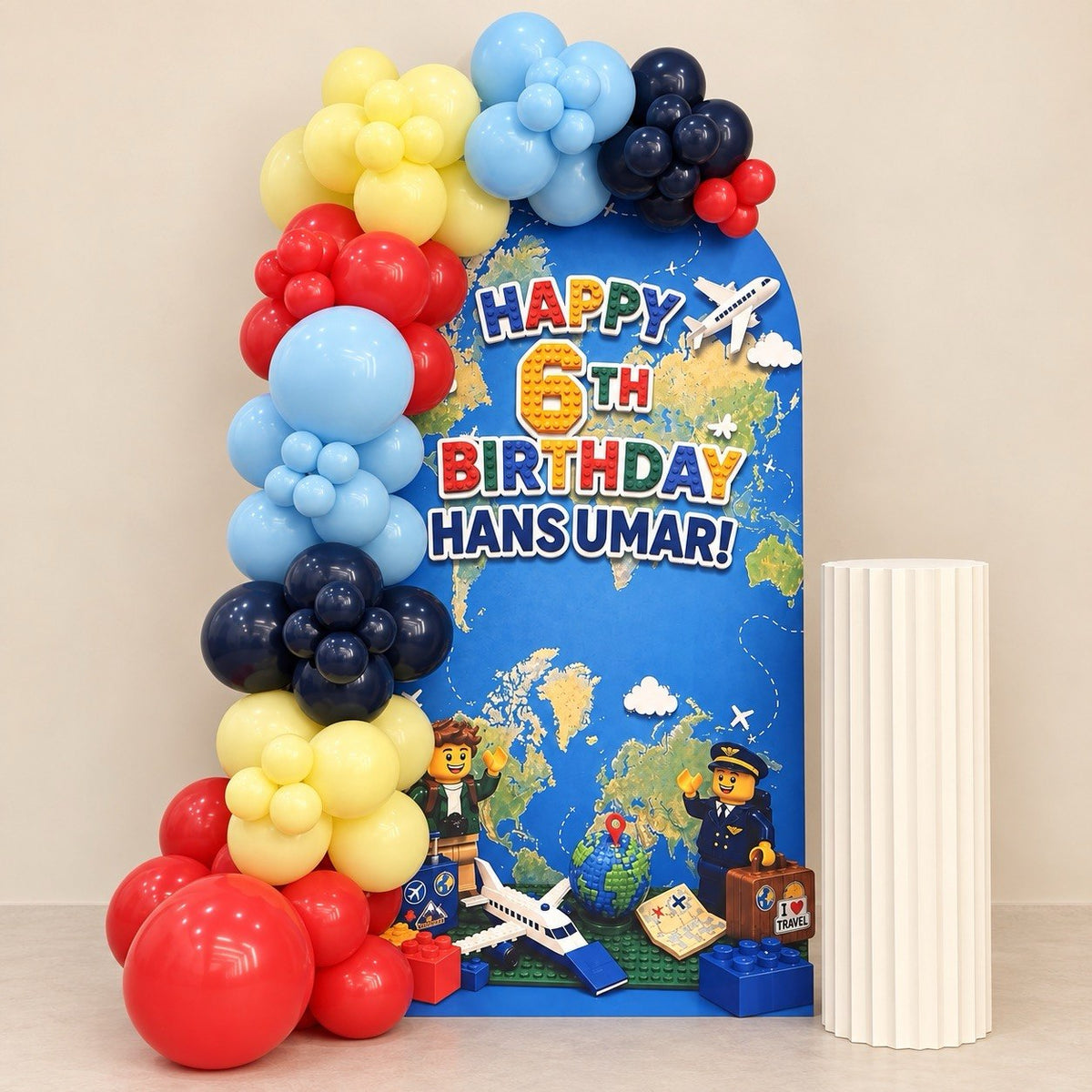 LEGO: Next Stop, Birthday LEGO travel balloon backdrop for a birthday, DCCL Events Singapore