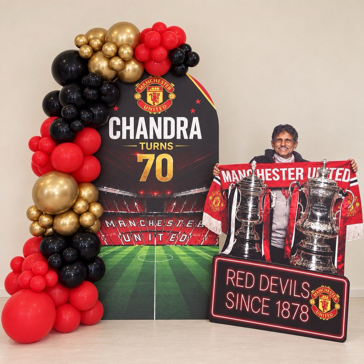 Glory Days Manchester United balloon backdrop for a milestone birthday, DCCL Events Singapore